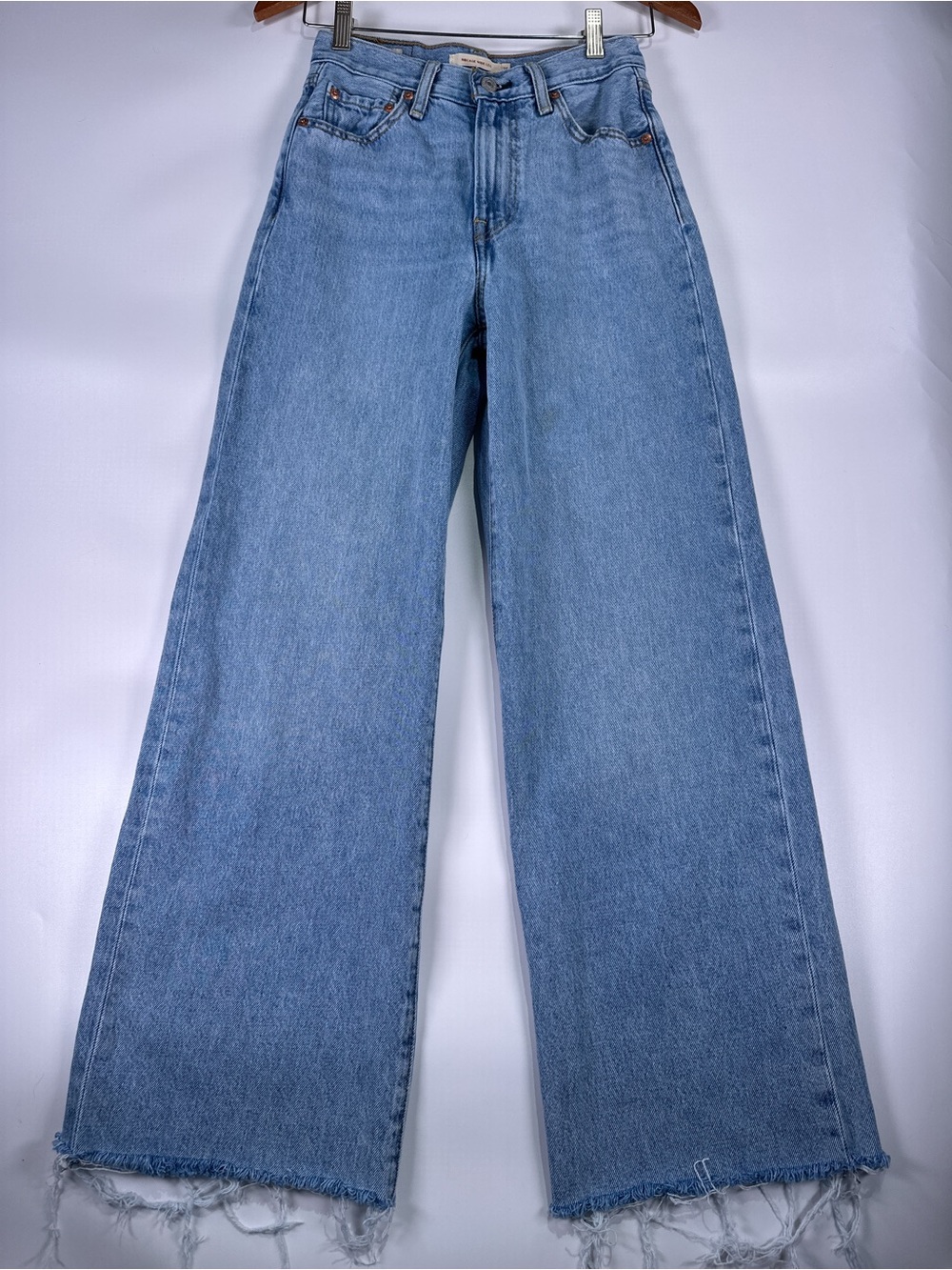 Levi's Premium Ribcage Wide Leg Jeans Raw Hem 100% Cotton Blue Size 25 - Picture 2 of 15